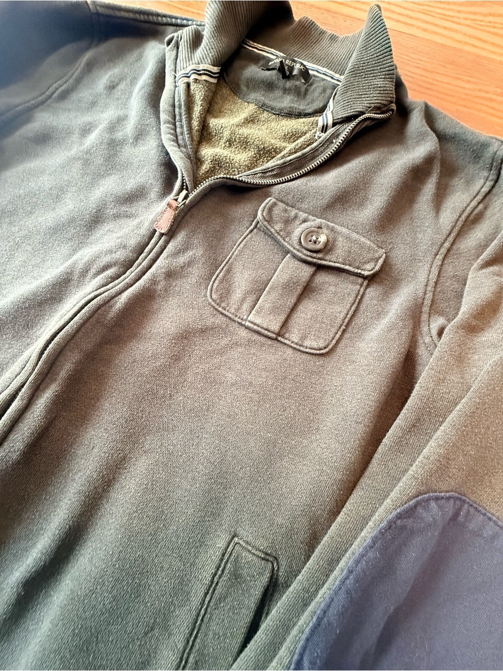 Banana Republic Olive Green Zip-Up Sweater with Elbow Patches - Picture 2 of 5